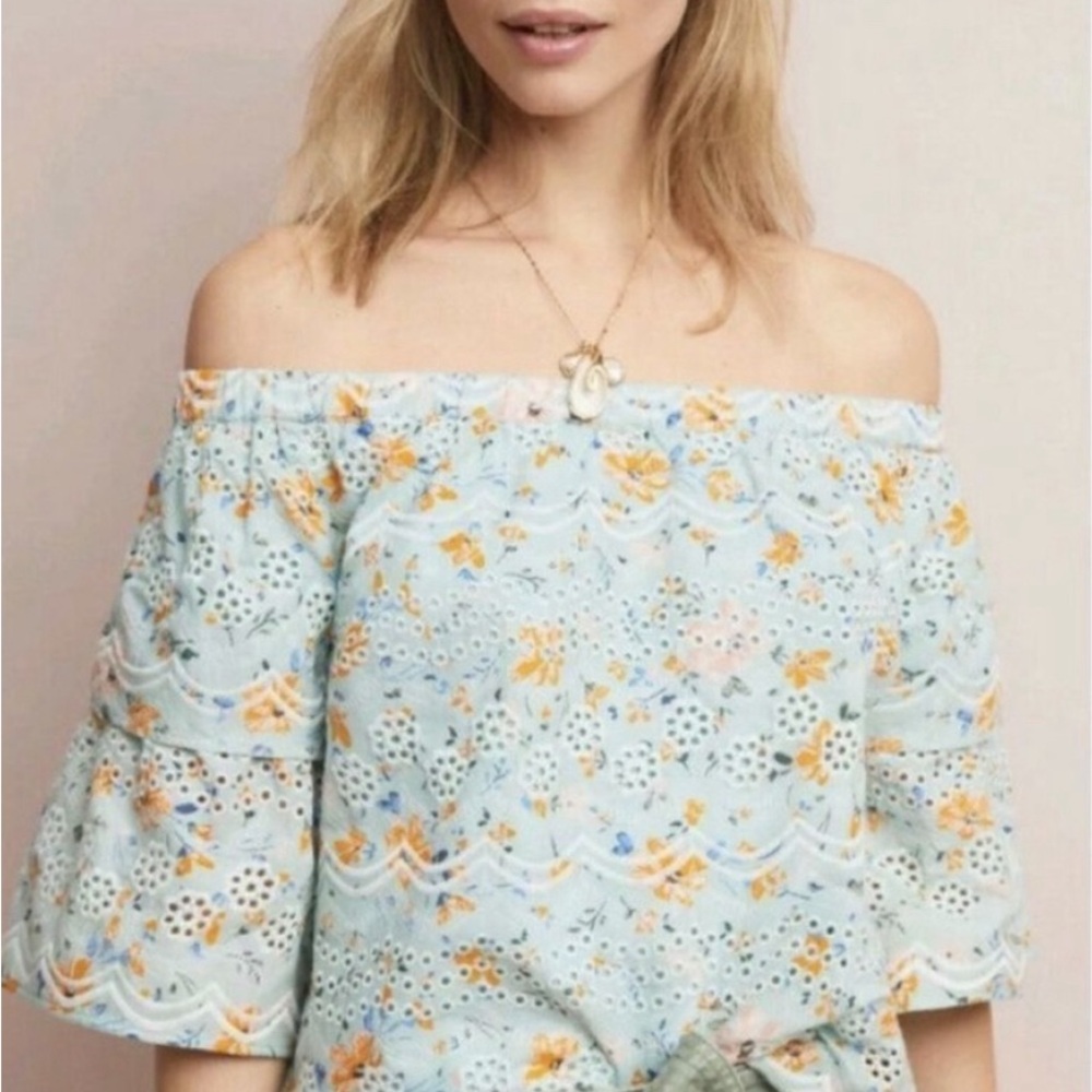 Floral Off-Shoulder Eyelet Top in Light Blue / Green